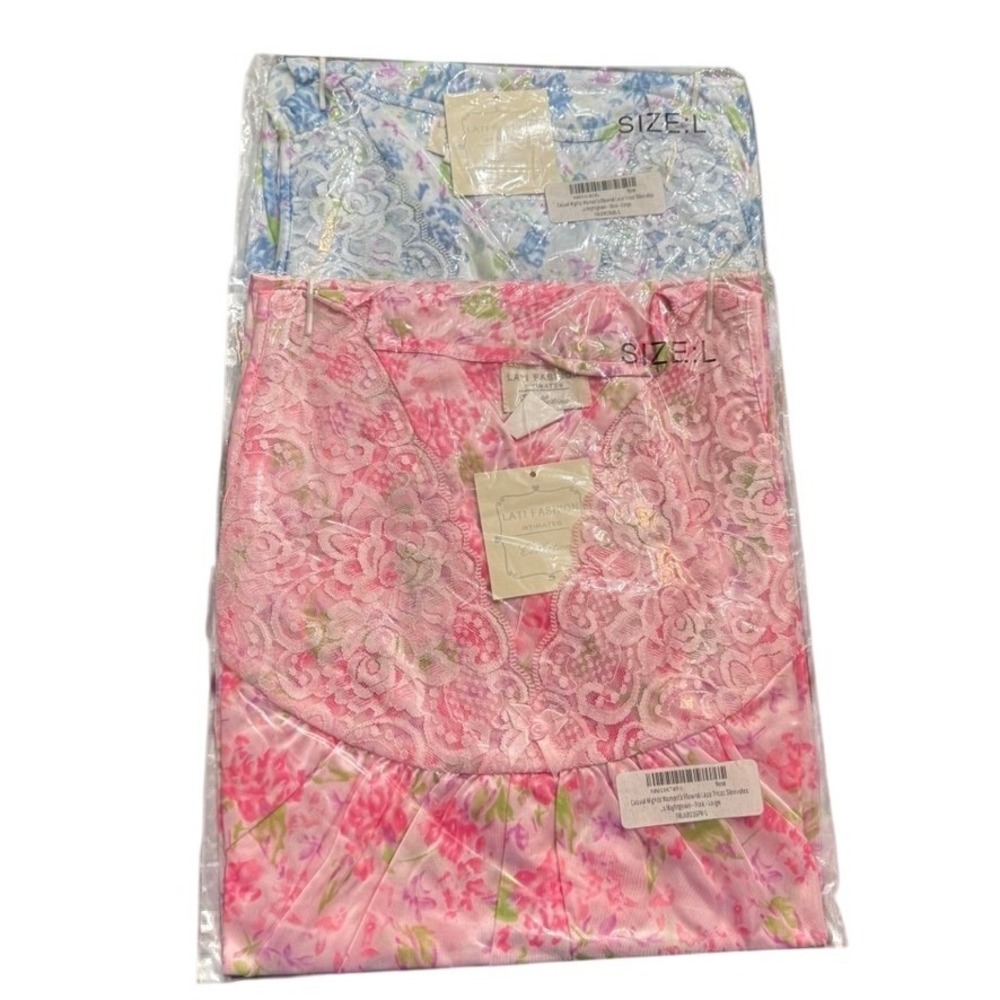Casual Nights 2Pk Floral Lace Tricot Sleeveless Nightgown Pink Blue Large FBLA90